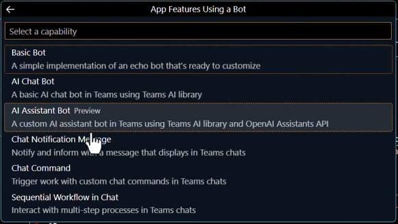 Teams Toolkit - creating new AI Assistant Bot Screenshot of creating a new 'AI assistant bot' project using the Teams Toolkit.