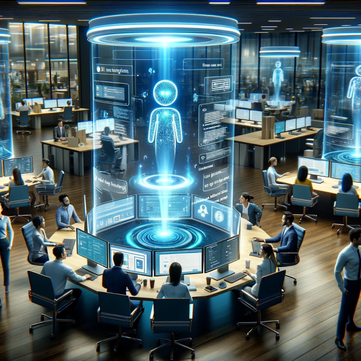 Futuristic office scene showing employees interacting with holographic AI assistants at their desks, symbolizing custom GPT integration in Microsoft Teams.