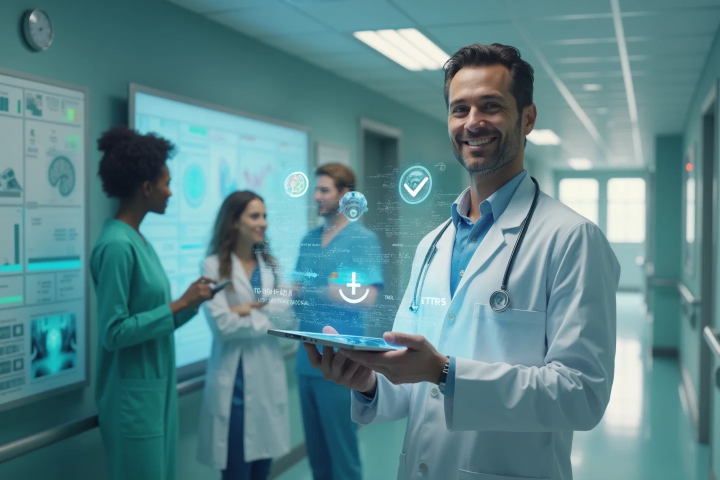 A doctor using trustworthy AI-powered software to review patient records with verified medical data sources.