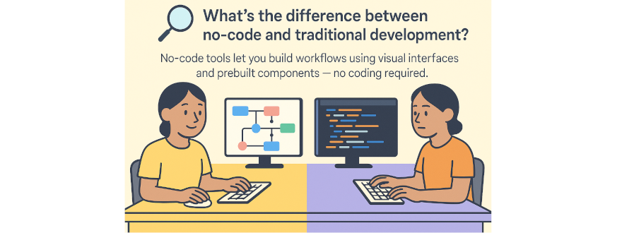 Two developers comparing no-code and traditional development workflows at their desks.