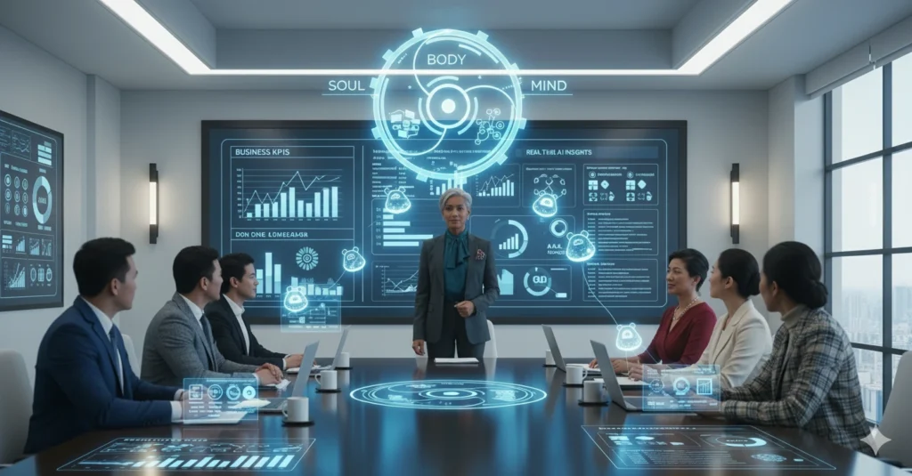 CEO and executives in a futuristic boardroom reviewing an AI strategy flywheel labeled Soul, Body, and Mind on a holographic display.