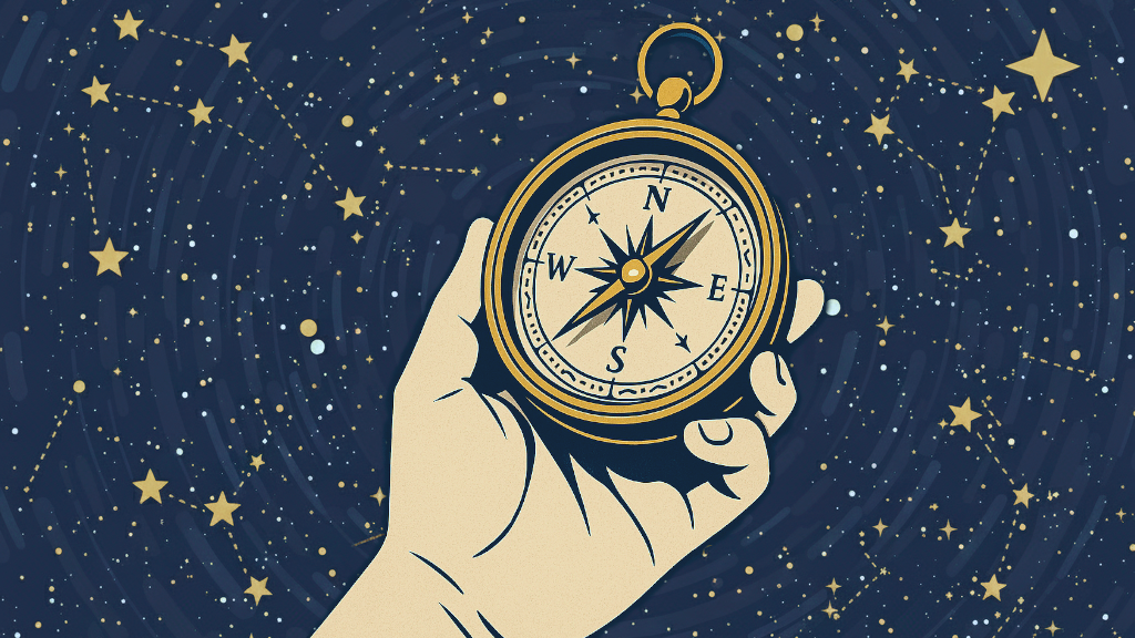 Illustration of a hand holding a golden compass against a starry night sky, symbolizing leadership and direction in the AI era.