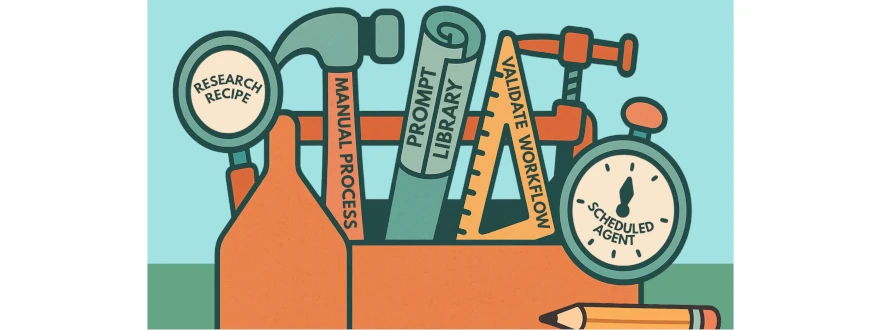 Cartoon drawing of a labeled toolbox with symbolic tools like “Manual Process,” “Prompt Library,” and “Scheduled Agent,” representing AI workflows.
