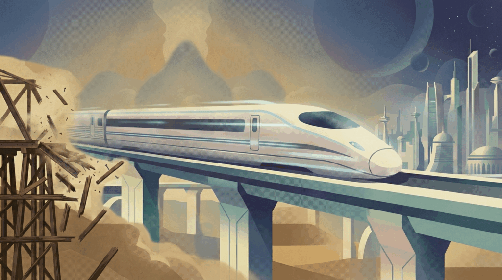 Futuristic train crossing from a broken bridge to a modern city, representing AI workflow design and the shift from outdated processes to redesigned systems of work.