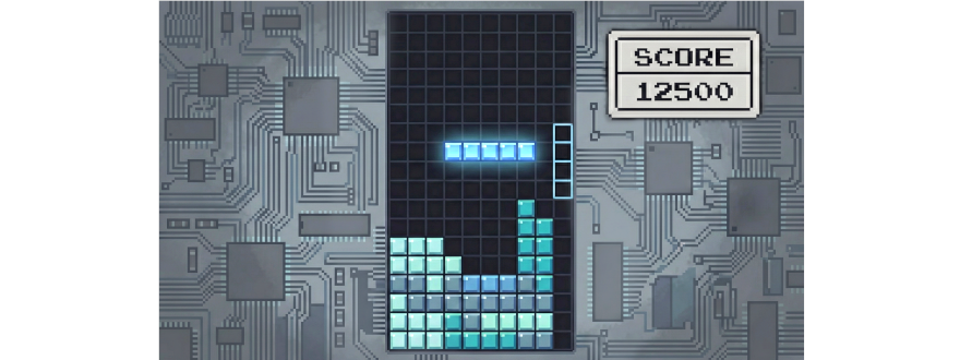 Tetris-style line piece pivoting into an open slot on a circuit-board background, representing the moment an AI project changes direction for better alignment.