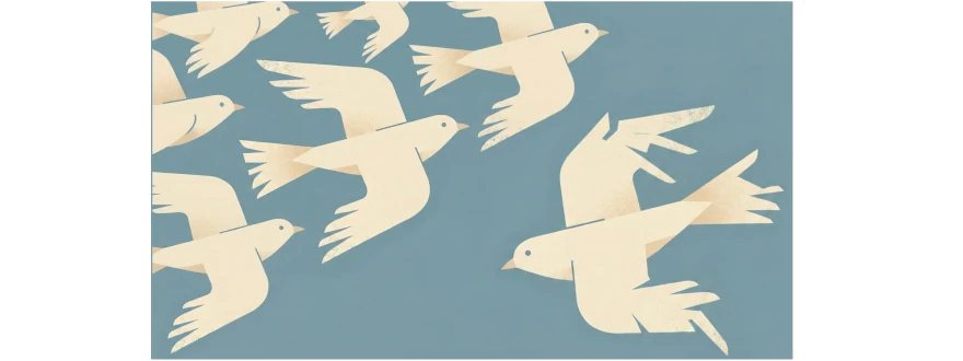 A flock of birds flying in alignment while one damaged bird flies alone in the opposite direction, representing AI performance drift caused by operational drag and misalignment