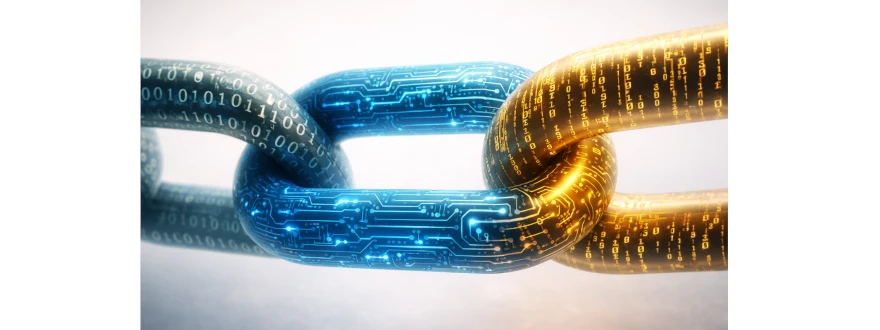 Three interwoven chain links symbolizing AI data preparation, structured systems, and business insight