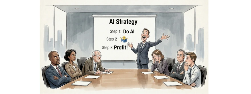 Editorial-style cartoon of a boardroom presentation titled “AI Strategy” showing steps “Do AI,” a shrug emoji, and “Profit,” with an enthusiastic presenter and concerned board members.