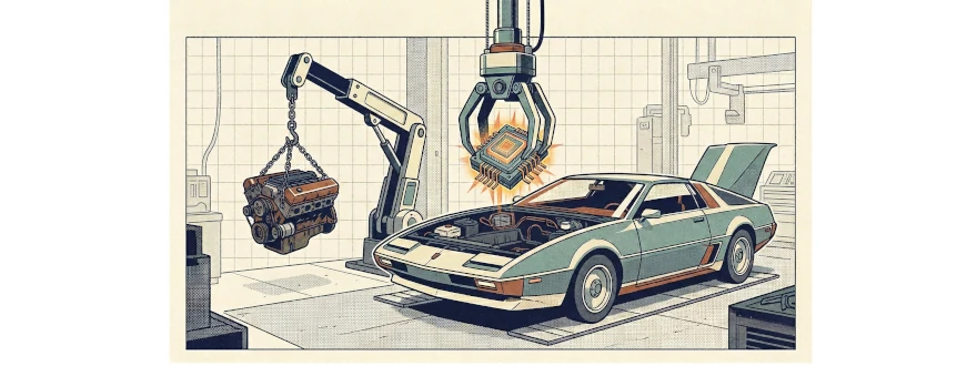 Mid-century style illustration of a car with its hood open as an old engine is lifted out and a glowing processor-like engine is lowered in, symbolizing AI model upgrades within a stable system.