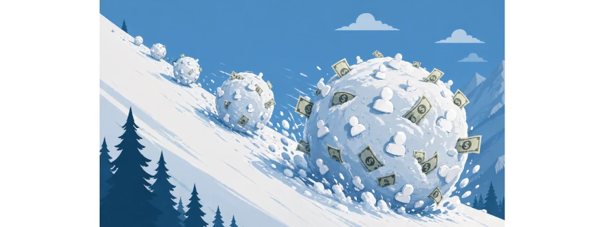 Snowballs with dollar bills and user icons rolling downhill, representing rising Power Platform costs as usage scales.