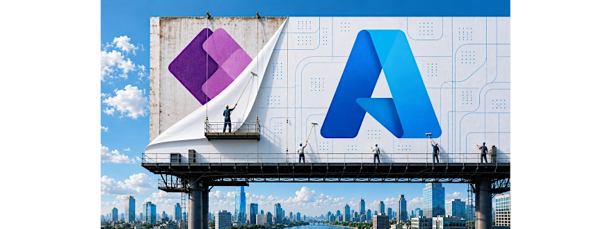 Workers install a large Azure billboard over an older Power Apps billboard above a bright city skyline, symbolizing modernization from low-code applications to cloud-native architecture.