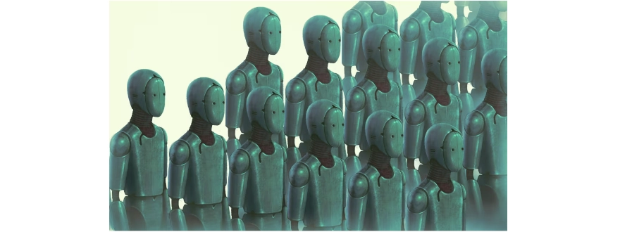 A group of stylized humanoid AI robots standing in coordinated rows, representing the scaling of AI systems and operational orchestration inside businesses.