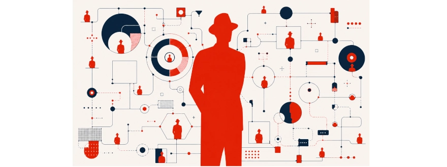 Stylized red silhouette figure surrounded by interconnected workflow nodes, diagrams, and smaller embedded figures representing expertise transformed into a scalable operational pattern.