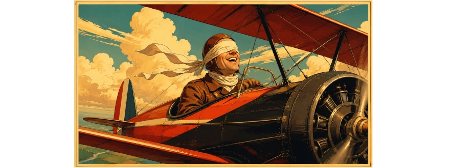 Vintage editorial illustration of a smiling 1930s pilot flying a red biplane while wearing a blindfold, symbolizing organizations investing in AI without visibility into outcomes and ROI.