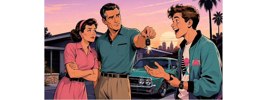 Retro-style illustration of parents handing car keys to an excited teenager, representing leadership, trust, boundaries, and responsible AI adoption in business.