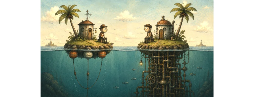 Illustrated cross-section of two floating islands facing each other, one supported by simple buoys and the other by an enormous hidden mechanical structure beneath the ocean, representing the difference between visible tools and the hidden systems that increase business value.