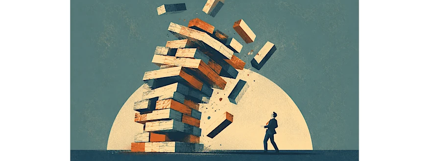 Illustration of a collapsing Jenga tower representing disconnected business systems and the risks of poor business system integration while a business professional watches nearby.